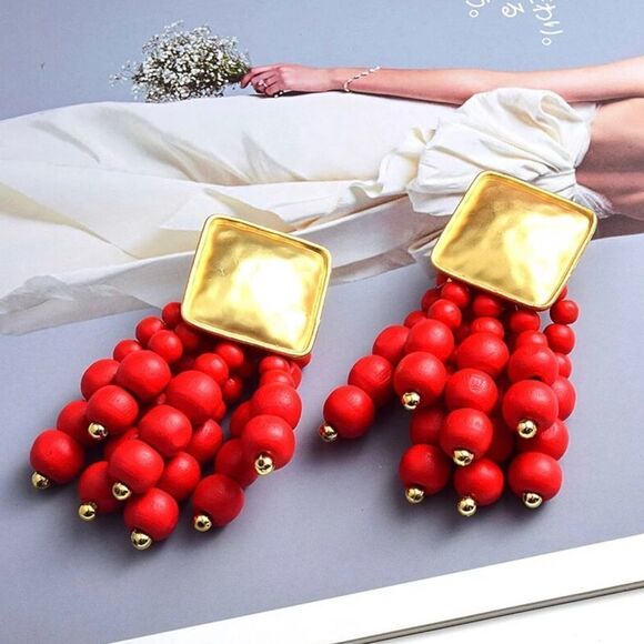 New Wooden, Exaggerated Red Earrings Oversize Beaded Earrings - Picture 3 of 4